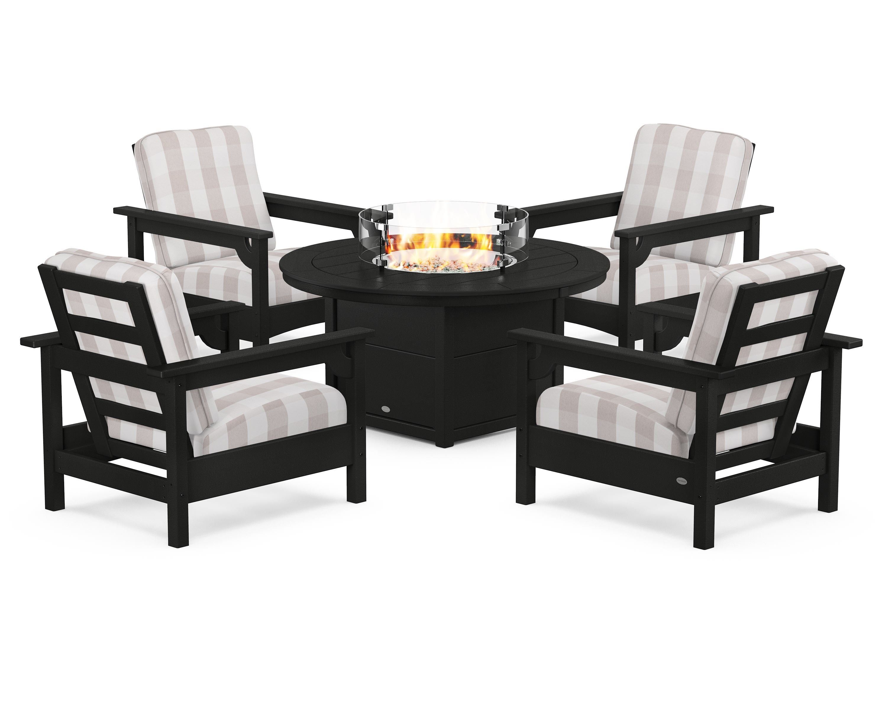 POLYWOOD® Club 5-Piece Conversation Set with Fire Pit Table in Black / Buffalo Plaid Dune Burlap