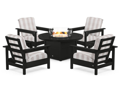 POLYWOOD® Club 5-Piece Conversation Set with Fire Pit Table in Black / Buffalo Plaid Dune Burlap