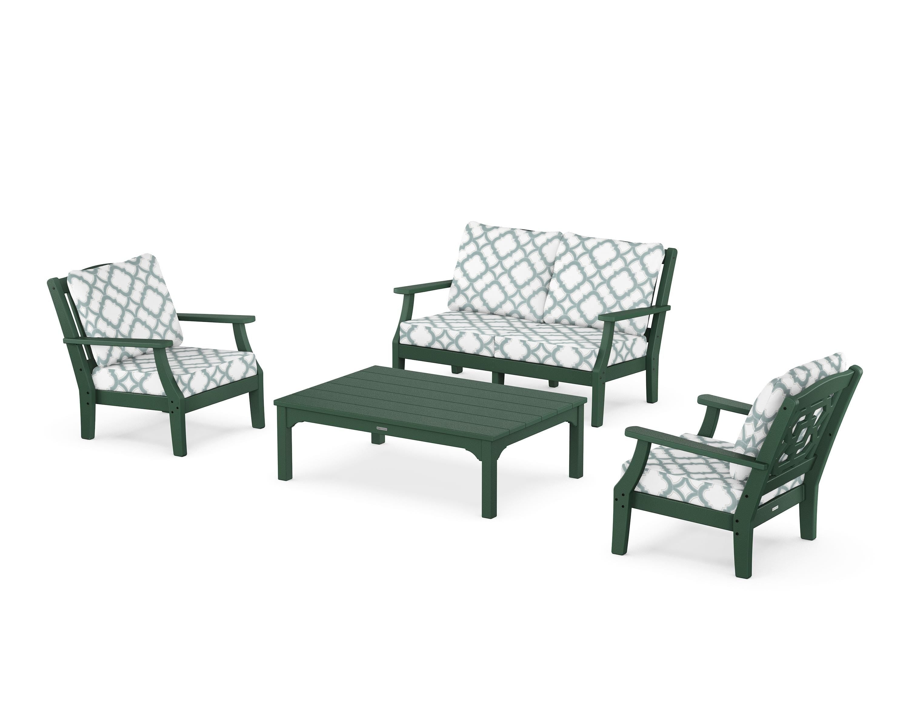 Martha Stewart by POLYWOOD® Chinoiserie 4-Piece Deep Seating Set with Loveseat in Green / Trellis Glacier Spa
