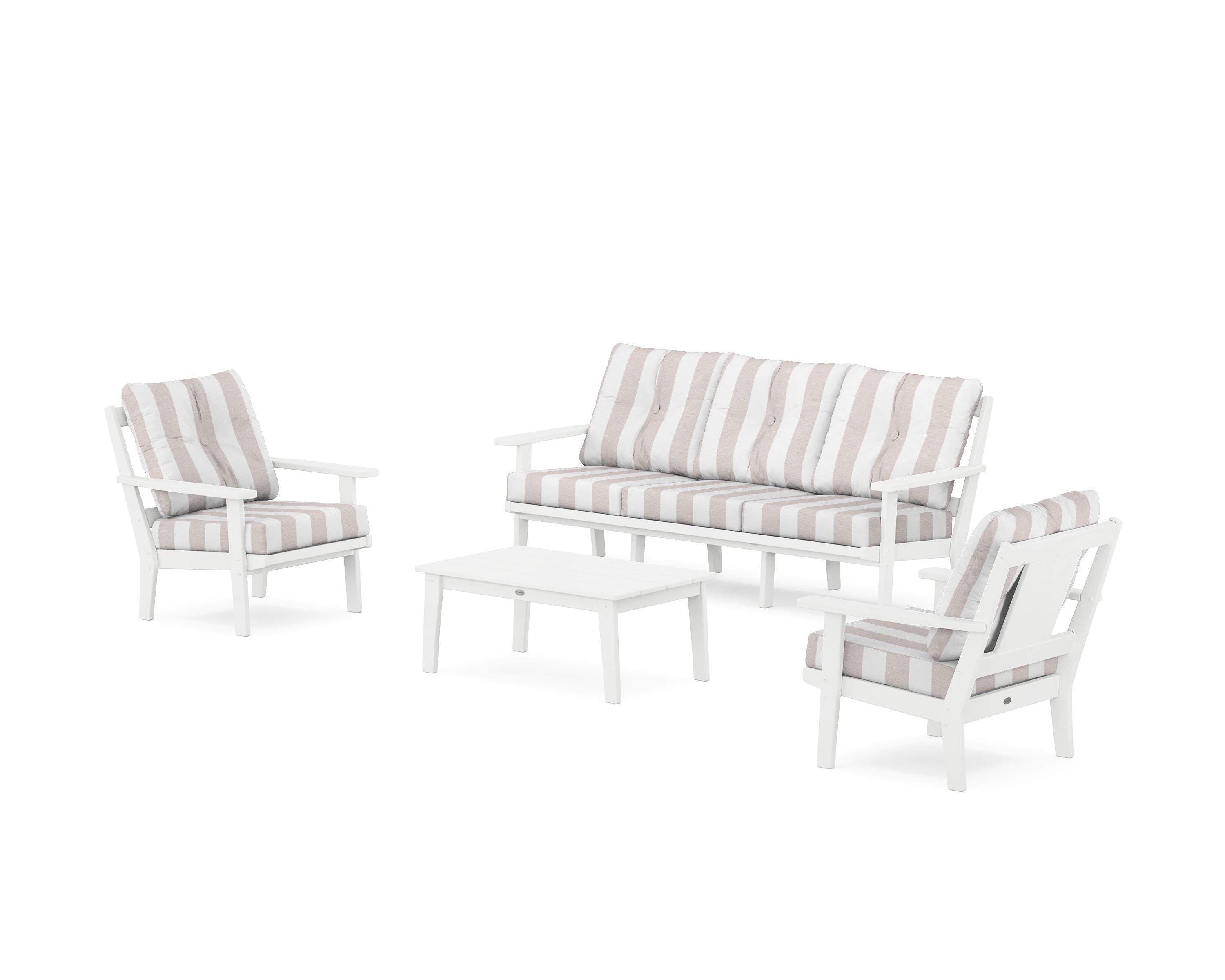 POLYWOOD® Prairie 4-Piece Deep Seating Set with Sofa in White / Cabana Stripe Dune Burlap