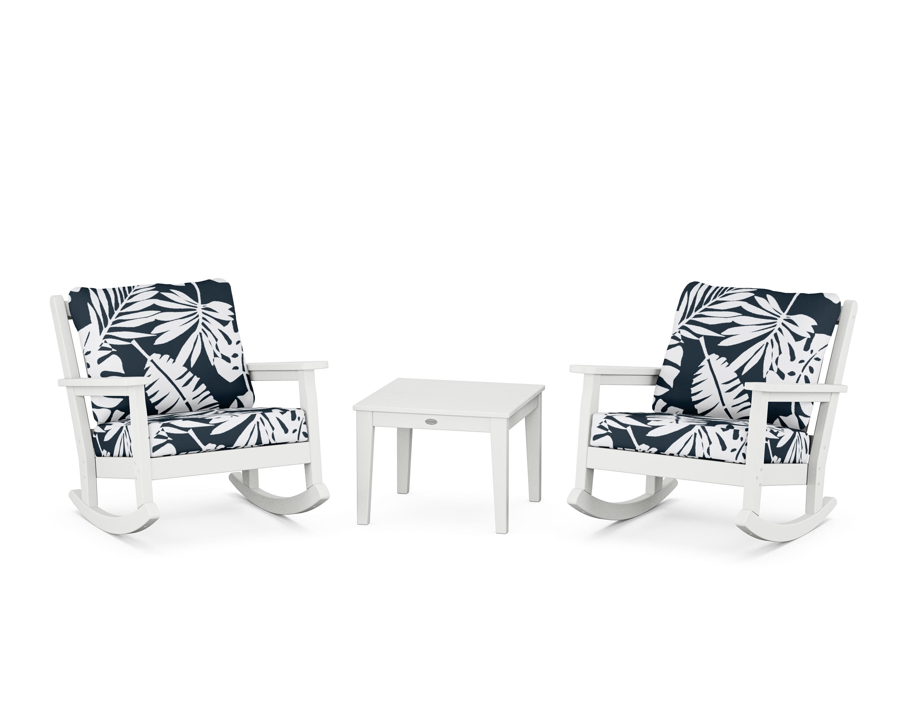POLYWOOD® Chippendale 3-Piece Deep Seating Rocker Set in White / Leaf Marine Indigo
