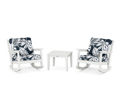 POLYWOOD® Chippendale 3-Piece Deep Seating Rocker Set in White / Leaf Marine Indigo