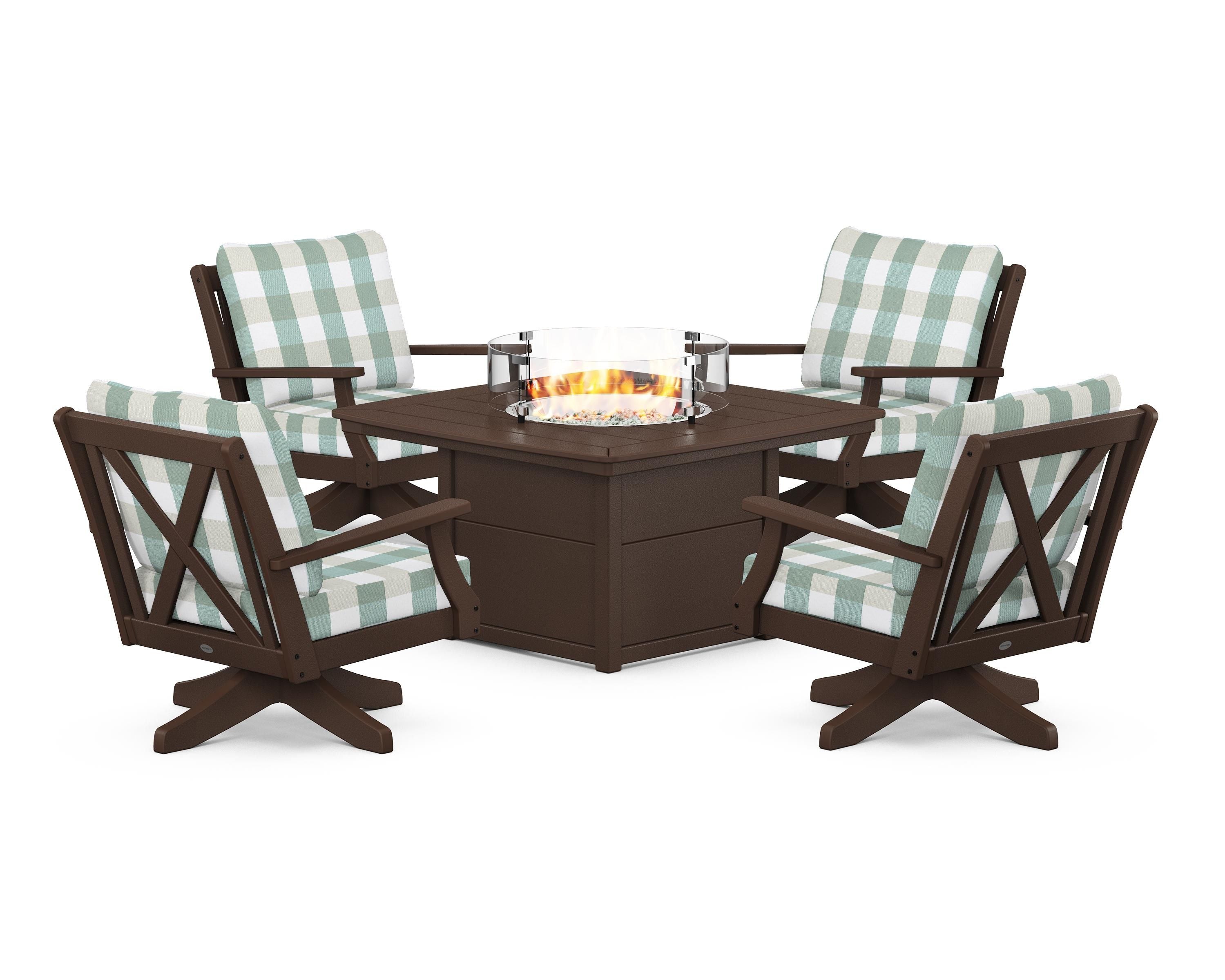 POLYWOOD® Braxton 5-Piece Deep Seating Swivel Conversation Set with Fire Pit Table in Mahogany / Buffalo Plaid Glacier Spa