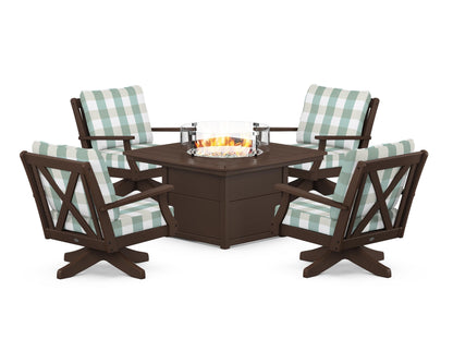 POLYWOOD® Braxton 5-Piece Deep Seating Swivel Conversation Set with Fire Pit Table in Mahogany / Buffalo Plaid Glacier Spa
