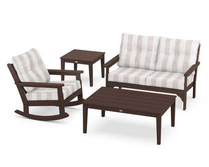 POLYWOOD® Vineyard 4-Piece Deep Seating Rocker Set in Mahogany / Buffalo Plaid Dune Burlap