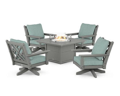 POLYWOOD® Chippendale 5-Piece Deep Seating Swivel Conversation Set with Fire Pit Table in Slate Grey / Glacier Spa