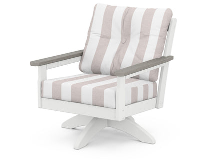 POLYWOOD® Vineyard Deep Seating Swivel Chair in White / Driftwood / Cabana Stripe Dune Burlap