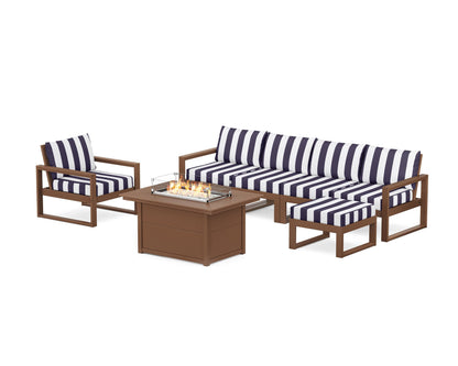 POLYWOOD® EDGE Sectional Lounge and Fire Pit Set in Teak / Cabana Stripe Navy