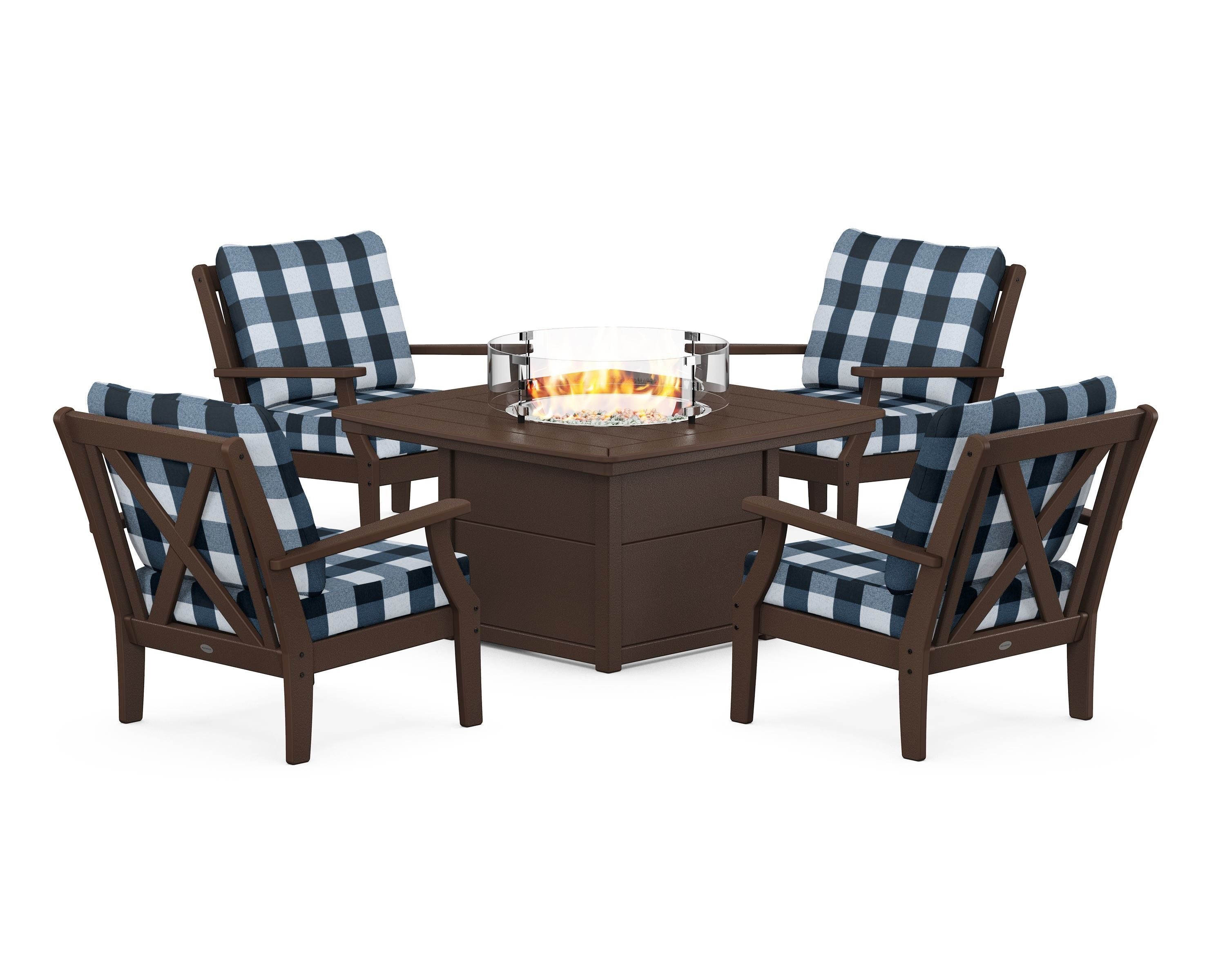 POLYWOOD® Braxton 5-Piece Deep Seating Conversation Set with Fire Pit Table in Mahogany / Buffalo Plaid Marine Indigo