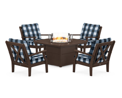 POLYWOOD® Braxton 5-Piece Deep Seating Conversation Set with Fire Pit Table in Mahogany / Buffalo Plaid Marine Indigo