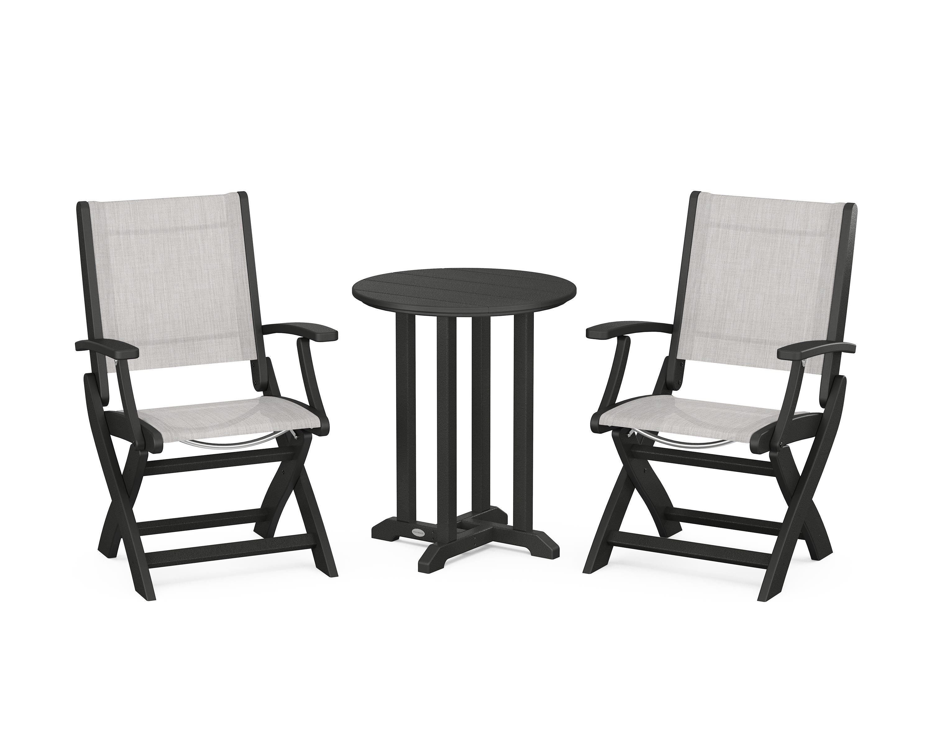 POLYWOOD® Coastal Folding 3-Piece Round Bistro Dining Set in Black / Parchment Sling