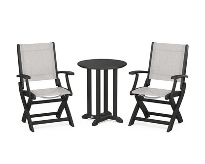POLYWOOD® Coastal Folding 3-Piece Round Bistro Dining Set in Black / Parchment Sling