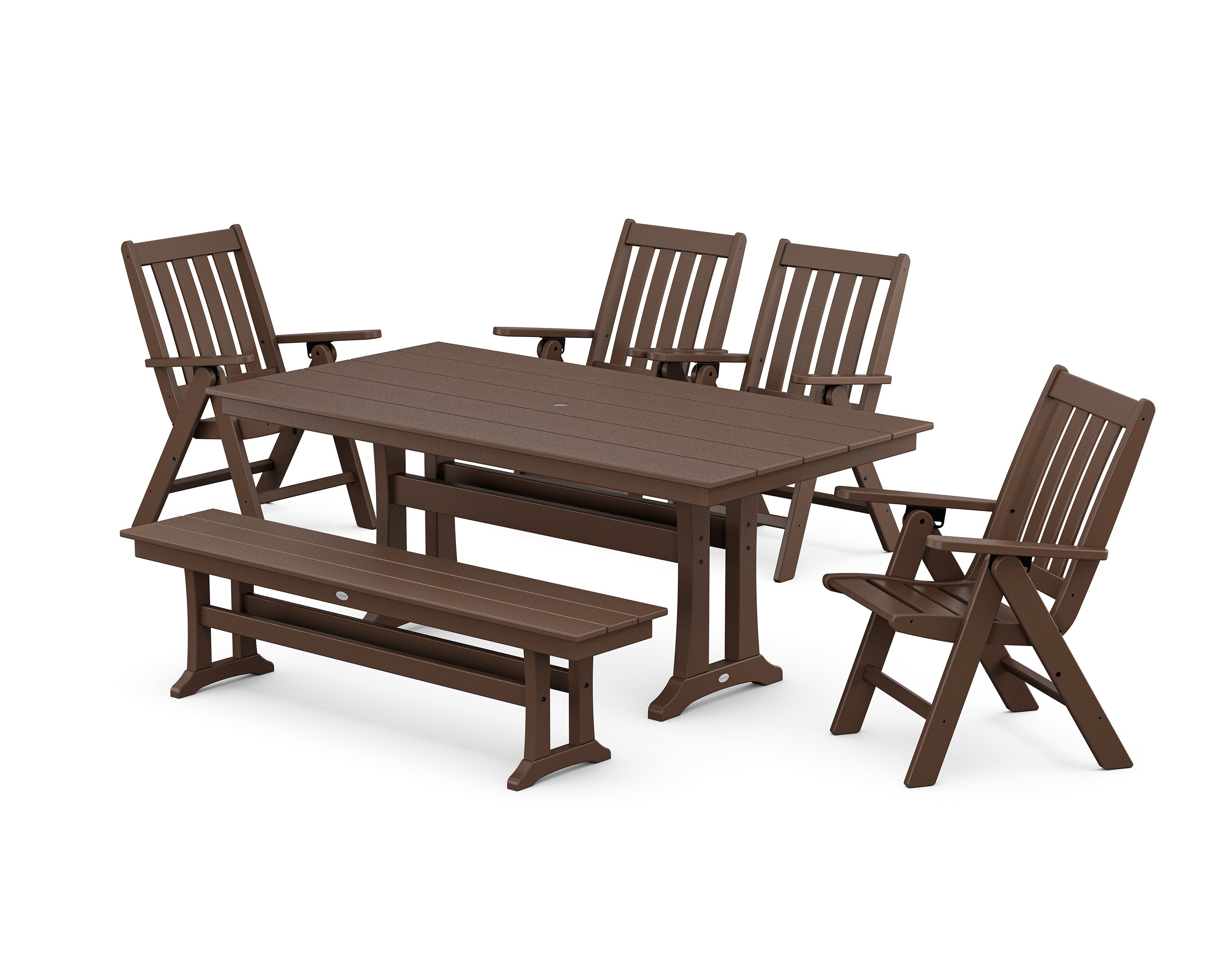 POLYWOOD® Vineyard 6-Piece Folding Chair Farmhouse Dining Set with Trestle Legs and Bench in Mahogany