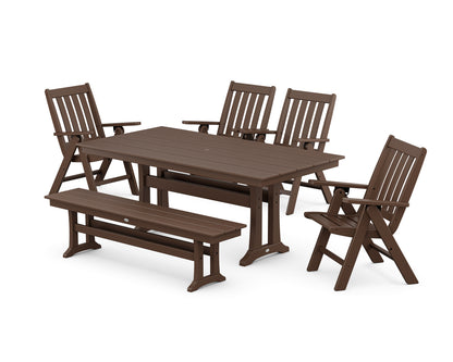 POLYWOOD® Vineyard 6-Piece Folding Chair Farmhouse Dining Set with Trestle Legs and Bench in Mahogany