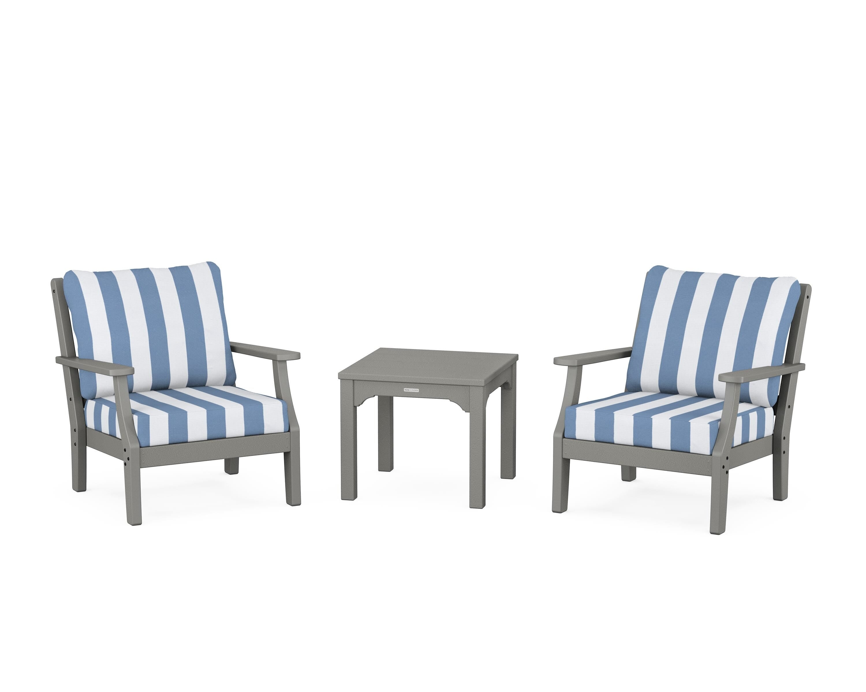 Martha Stewart by POLYWOOD® Chinoiserie 3-Piece Deep Seating Set in Slate Grey / Cabana Stripe Sky Blue