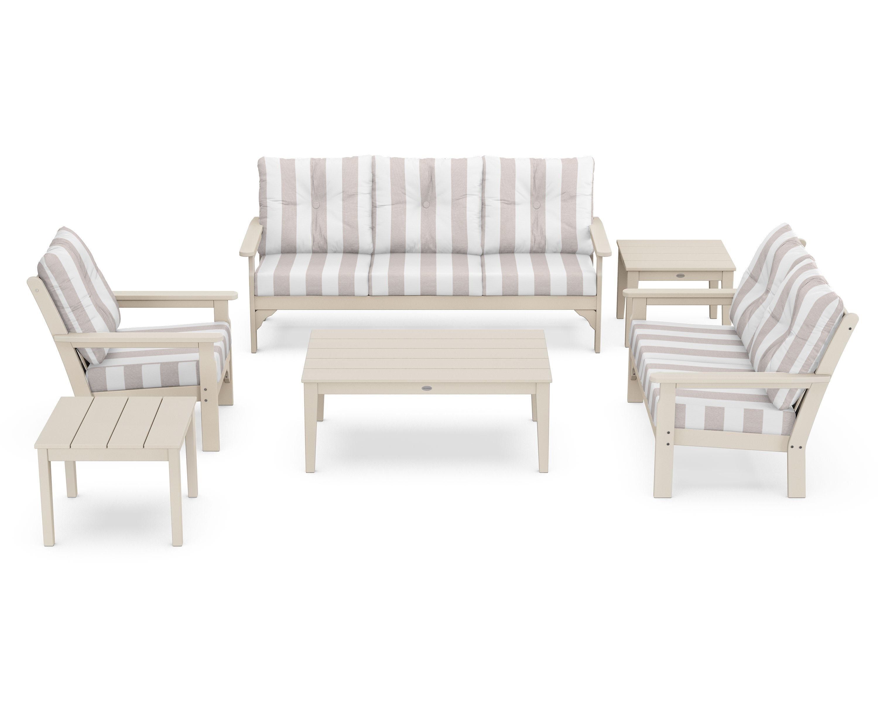 POLYWOOD® Vineyard 6-Piece Deep Seating Set in Sand / Cabana Stripe Dune Burlap