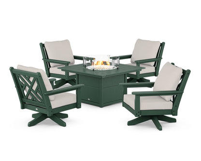 POLYWOOD® Chippendale 5-Piece Deep Seating Swivel Conversation Set with Fire Pit Table in Green / Cast Ash