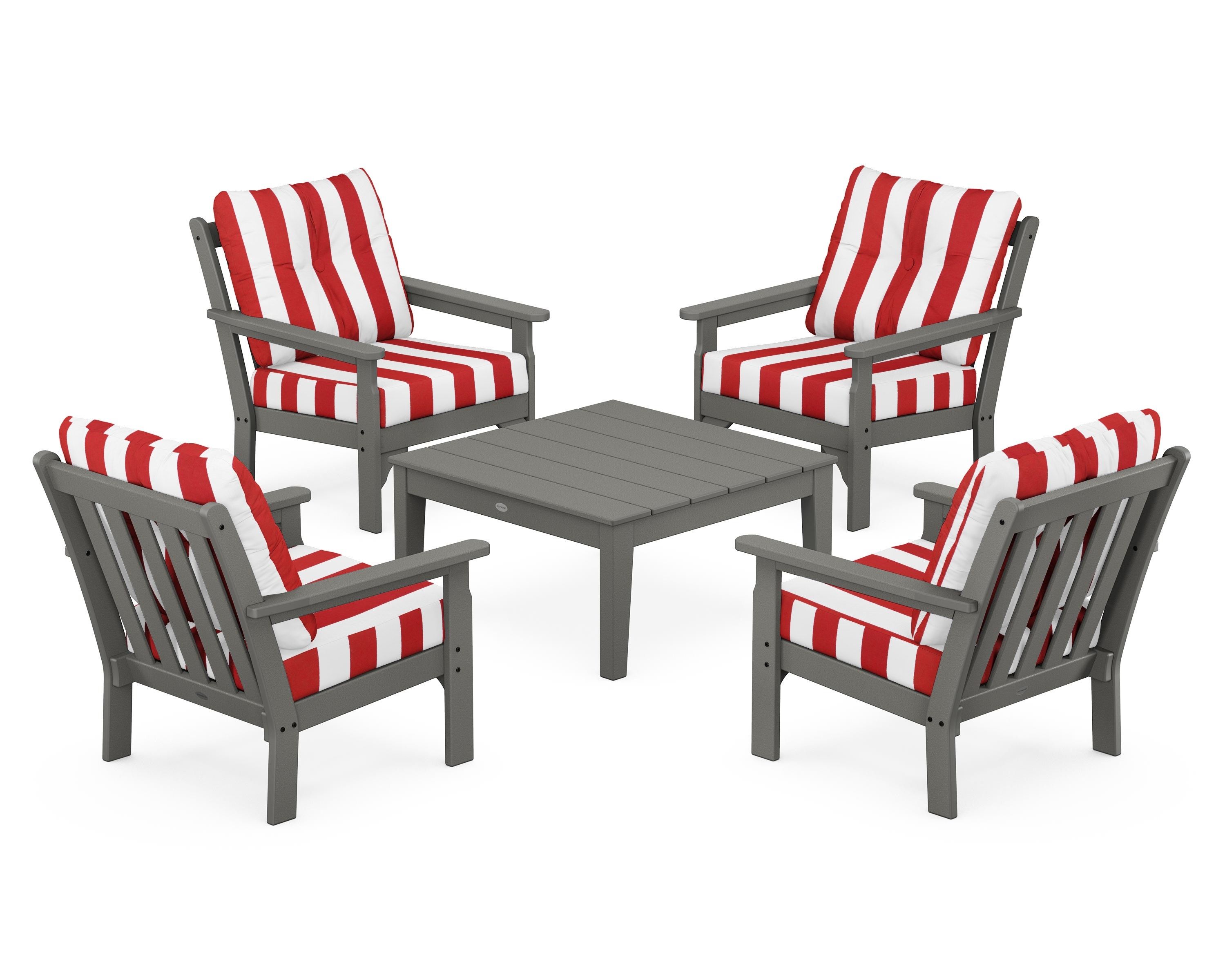 POLYWOOD® Vineyard 5-Piece Deep Seating Conversation Set in Slate Grey / Cabana Stripe Crimson