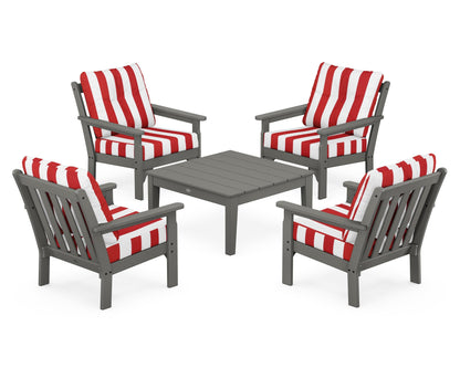 POLYWOOD® Vineyard 5-Piece Deep Seating Conversation Set in Slate Grey / Cabana Stripe Crimson