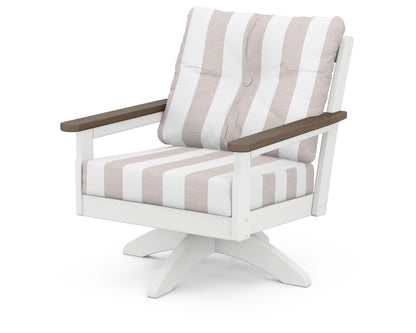 POLYWOOD® Vineyard Deep Seating Swivel Chair in White / Kona / Cabana Stripe Dune Burlap
