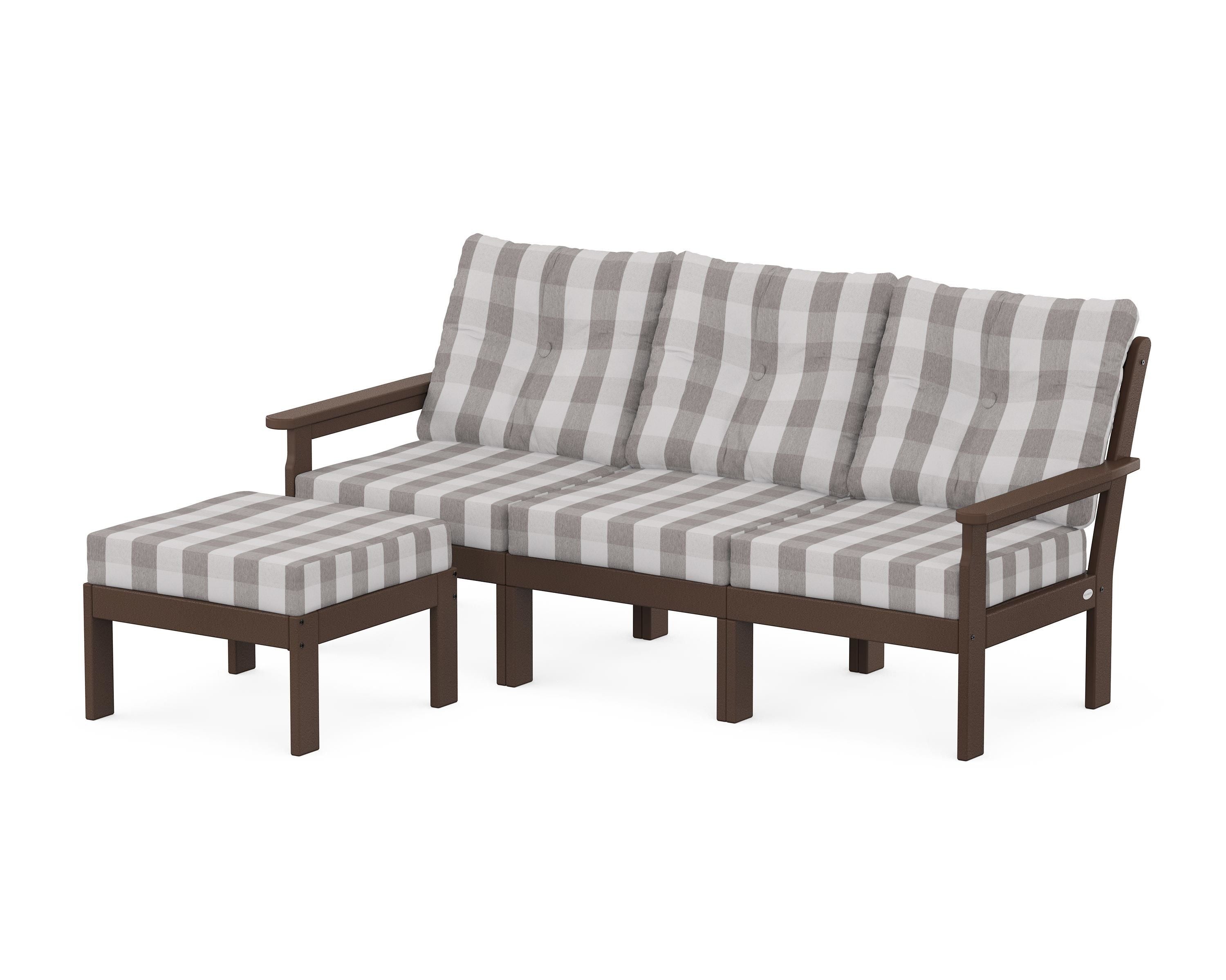 POLYWOOD® Vineyard 4-Piece Sectional with Ottoman in Mahogany / Buffalo Plaid Grey Mist