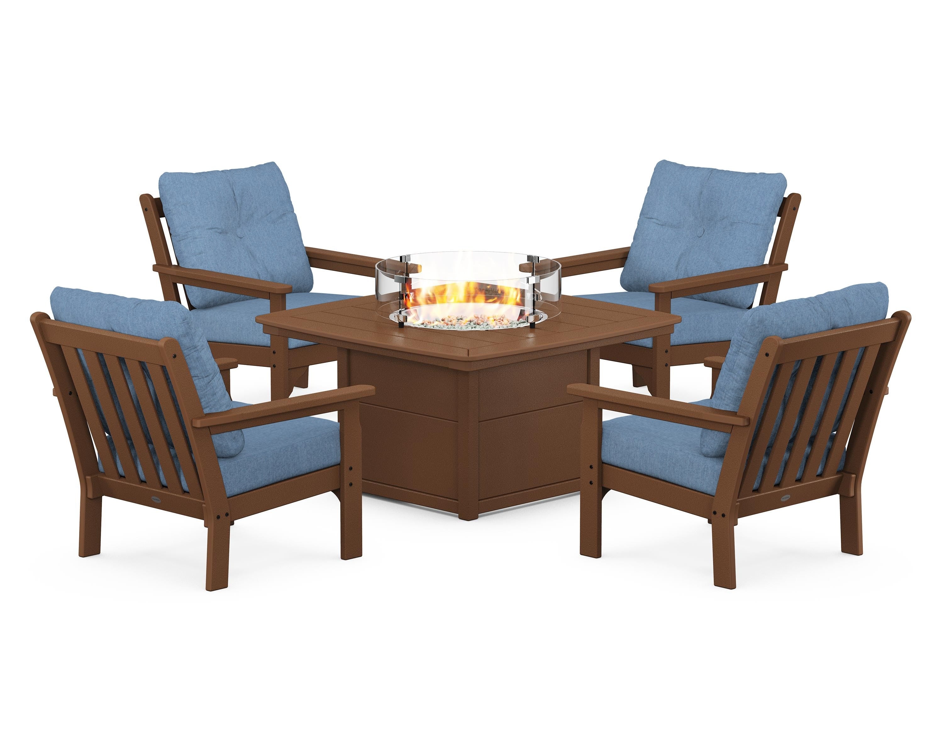 POLYWOOD® Vineyard 5-Piece Conversation Set with Fire Pit Table in Teak / Sky Blue
