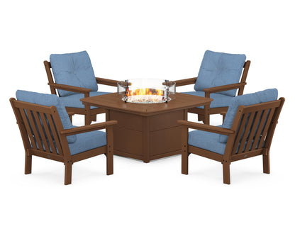POLYWOOD® Vineyard 5-Piece Conversation Set with Fire Pit Table in Teak / Sky Blue