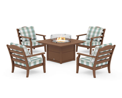 Draper James™ by  POLYWOOD® Savannah 5-Piece Deep Seating Set with Fire Pit Table in Teak / Buffalo Plaid Glacier Spa