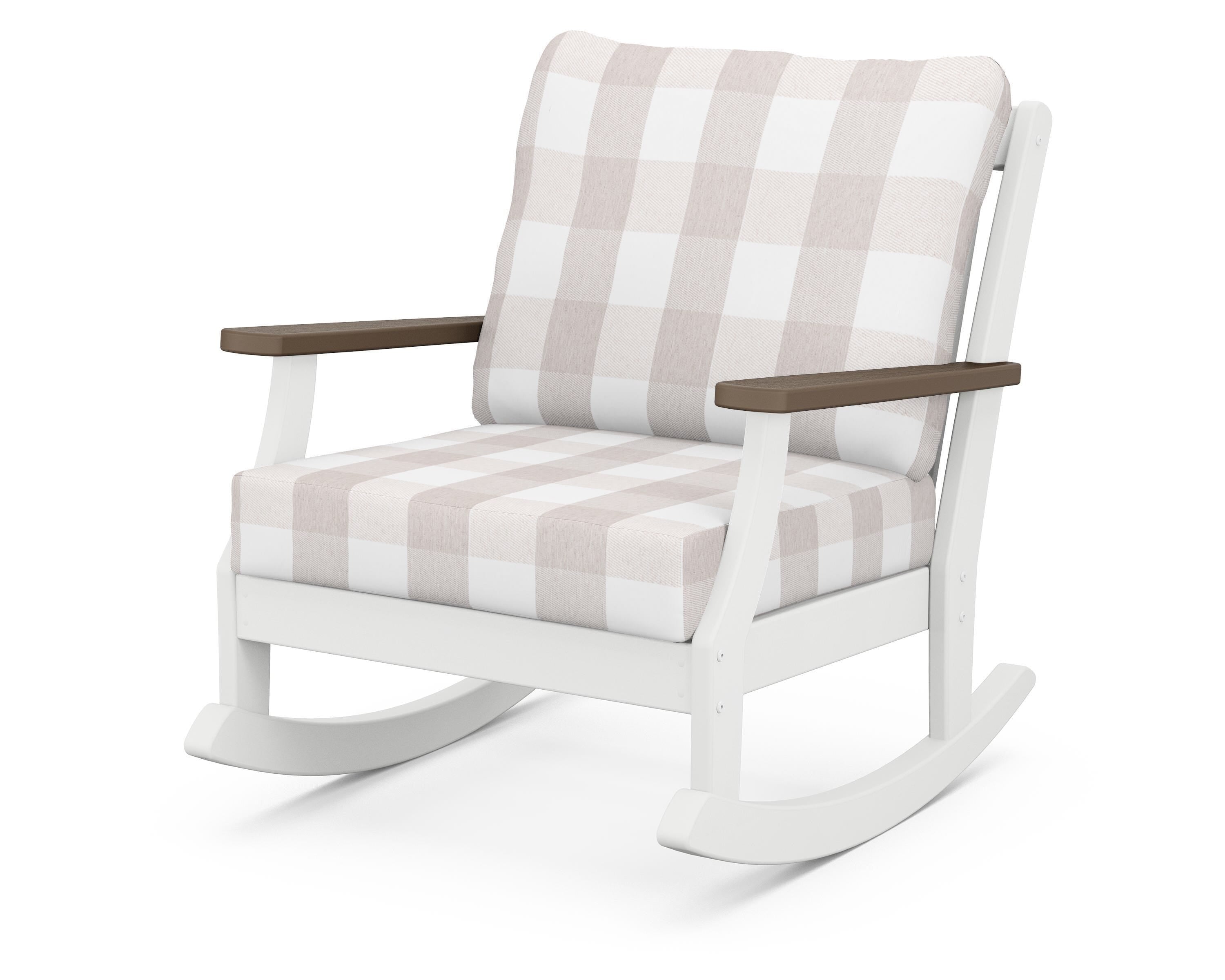 POLYWOOD® Braxton Deep Seating Rocking Chair in White / Kona / Buffalo Plaid Dune Burlap