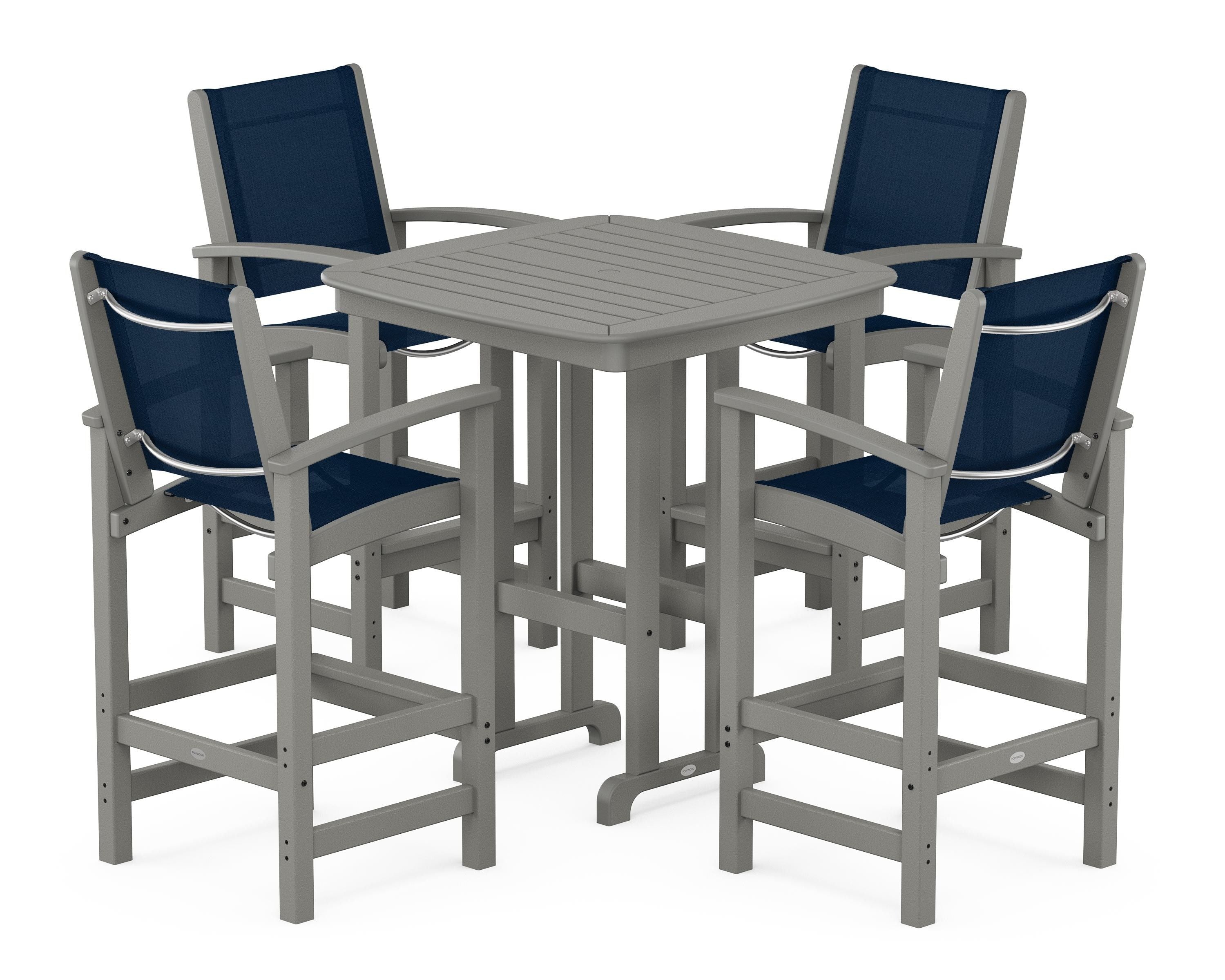 POLYWOOD® Coastal 5-Piece Bar Set in Slate Grey / Navy Blue Sling