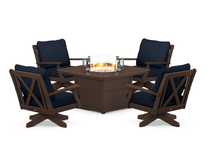 POLYWOOD® Braxton 5-Piece Deep Seating Swivel Conversation Set with Fire Pit Table in Mahogany / Marine Indigo