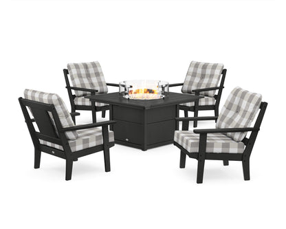 POLYWOOD® Prairie 5-Piece Deep Seating Set with Fire Pit Table in Black / Buffalo Plaid Grey Mist