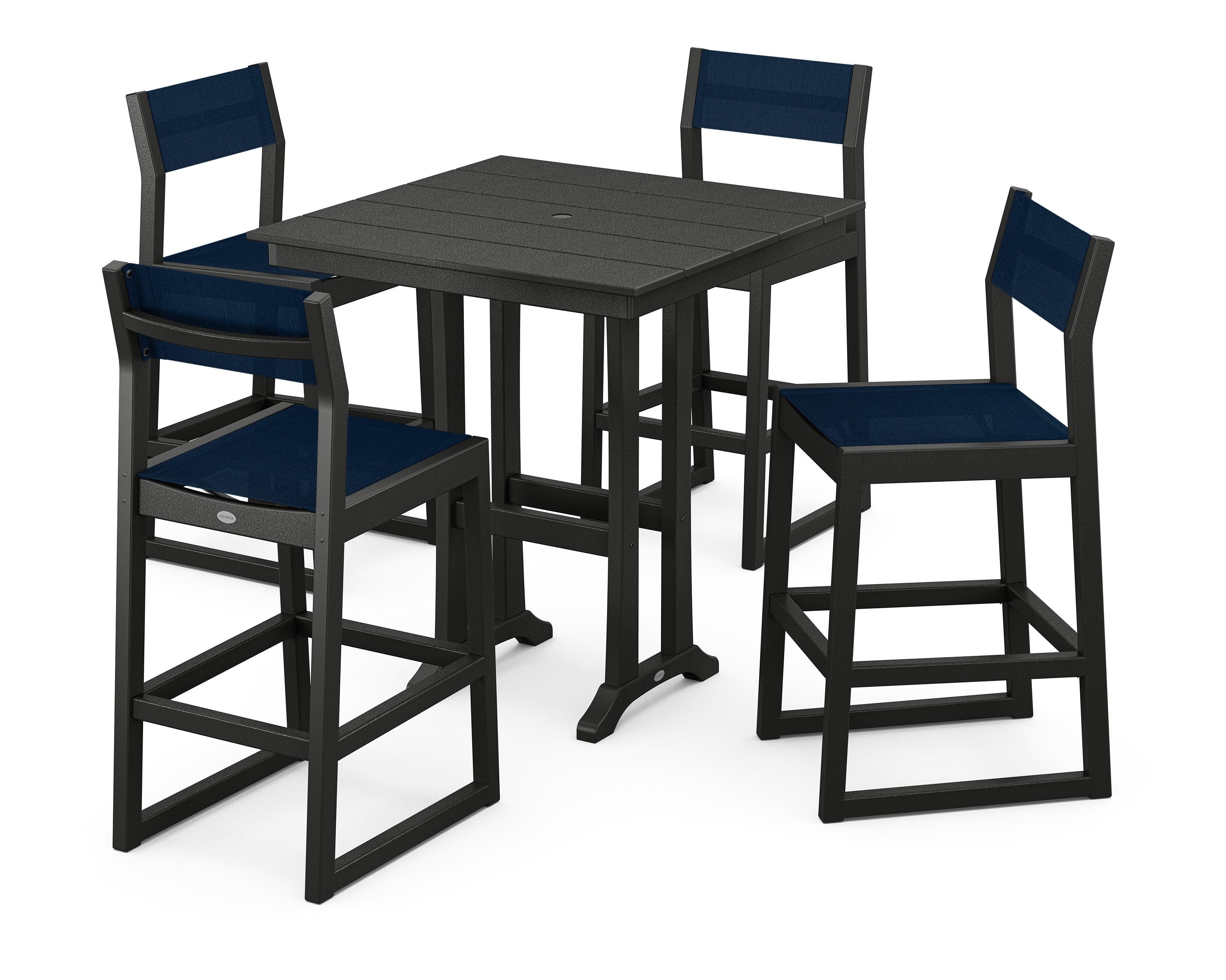 POLYWOOD® EDGE Sling Arm Chair 5-Piece Farmhouse Bar Set with Trestle Legs in Black / Navy Blue Sling