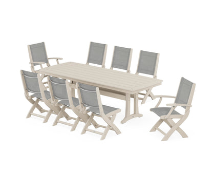 POLYWOOD® Coastal Folding 9-Piece Dining Set with Trestle Legs in Sand / Metallic Sling