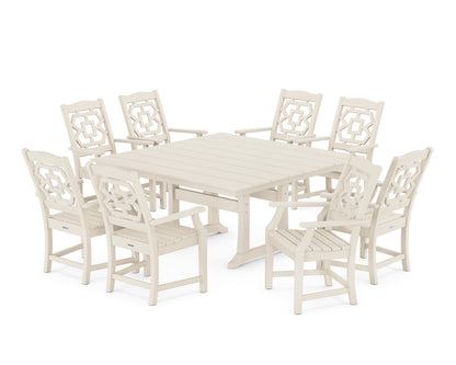 Martha Stewart by POLYWOOD® Chinoiserie 9-Piece Square Farmhouse Dining Set with Trestle Legs in Sand