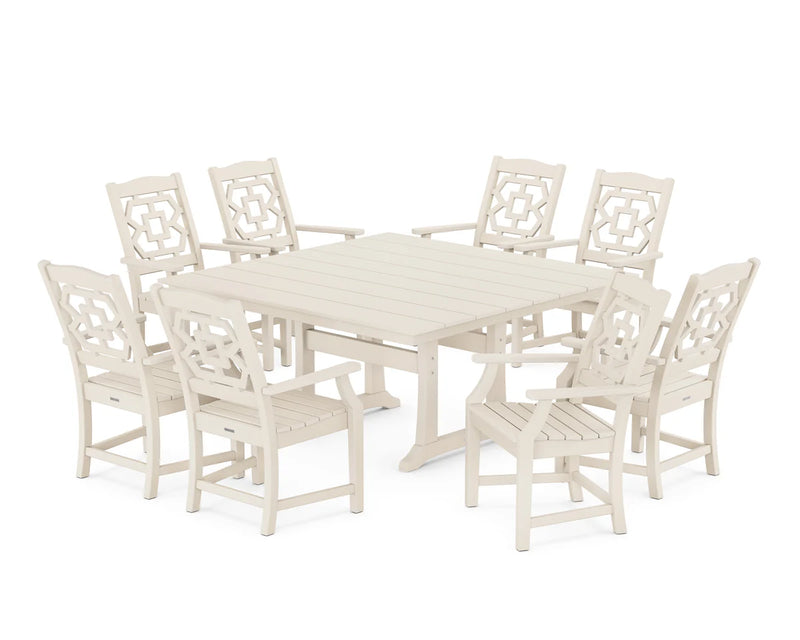 Chinoiserie 9-Piece Square Farmhouse Dining Set with Trestle Legs