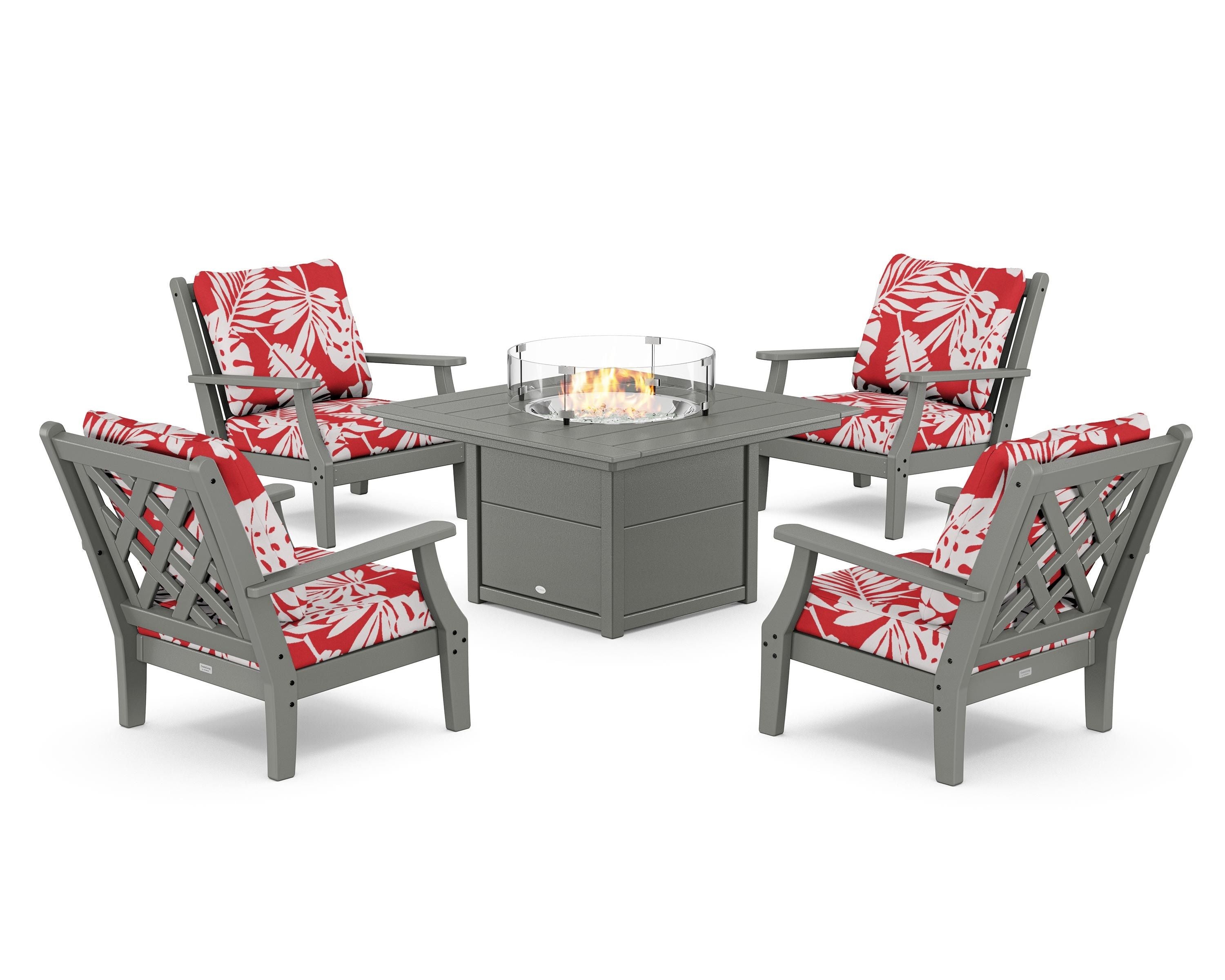 Country Living Wovendale 5-Piece Deep Seating Set with Fire Pit Table in Slate Grey / Leaf Crimson