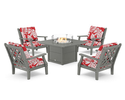 Country Living Wovendale 5-Piece Deep Seating Set with Fire Pit Table in Slate Grey / Leaf Crimson