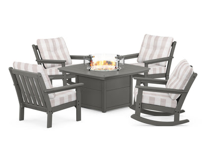 POLYWOOD® Vineyard 5-Piece Deep Seating Rocking Chair Conversation Set with Fire Pit Table in Slate Grey / Buffalo Plaid Dune Burlap