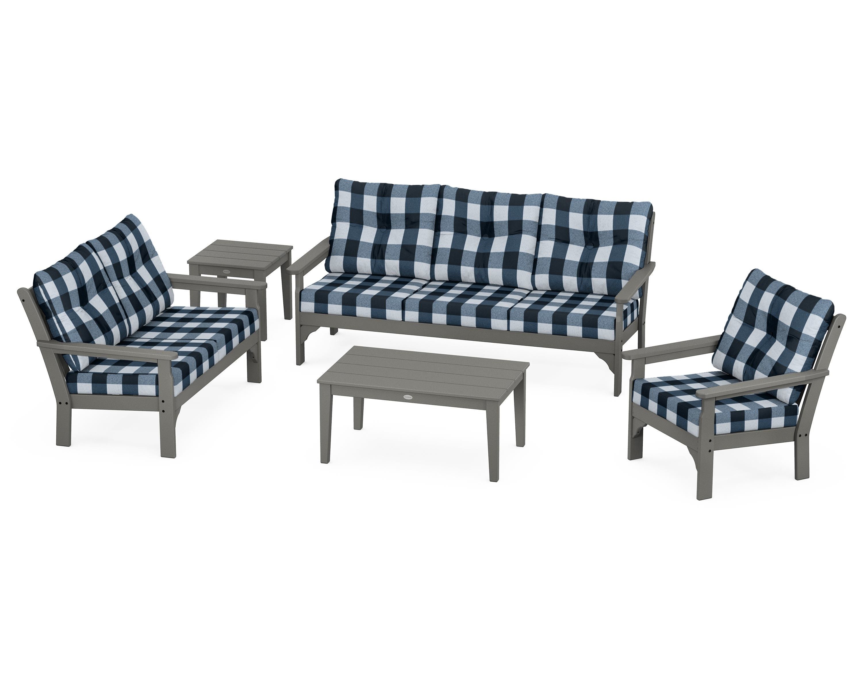 POLYWOOD® Vineyard 5 Piece Deep Seating Set in Slate Grey / Buffalo Plaid Marine Indigo
