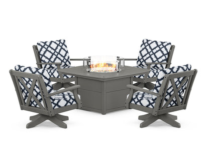 POLYWOOD® Braxton 5-Piece Deep Seating Swivel Conversation Set with Fire Pit Table in Slate Grey / Trellis Marine Indigo