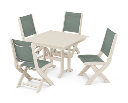 POLYWOOD® Coastal Folding Side Chair 5-Piece Farmhouse Dining Set in Sand / Dupioni Sea Mist Sling