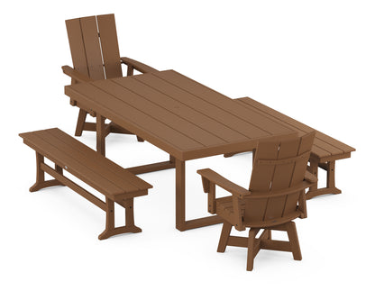 POLYWOOD® Modern Adirondack Swivel Chair 5-Piece Dining Set with Benches in Teak