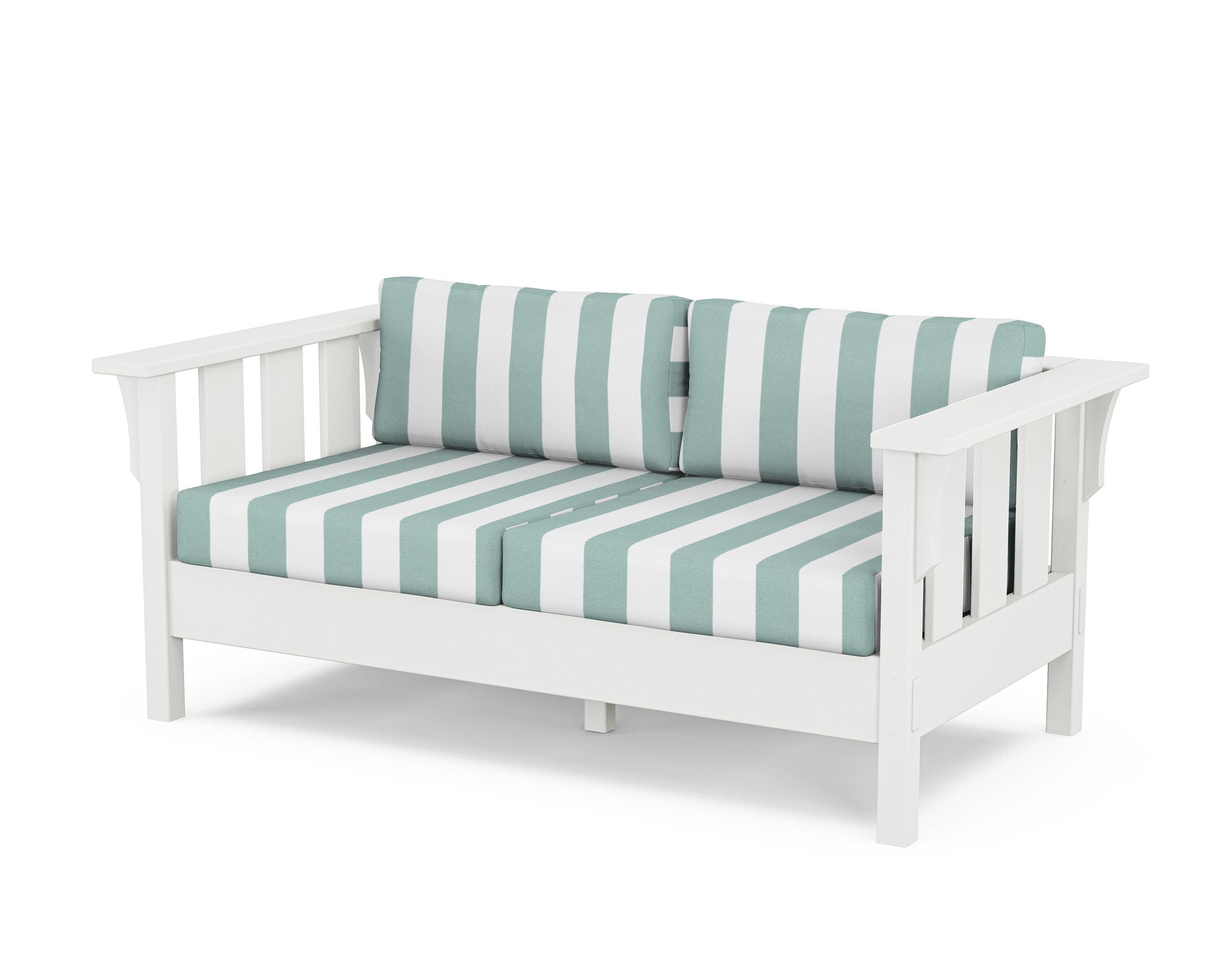 Martha Stewart by POLYWOOD® Acadia Deep Seating Loveseat in White / Cabana Stripe Glacier Spa