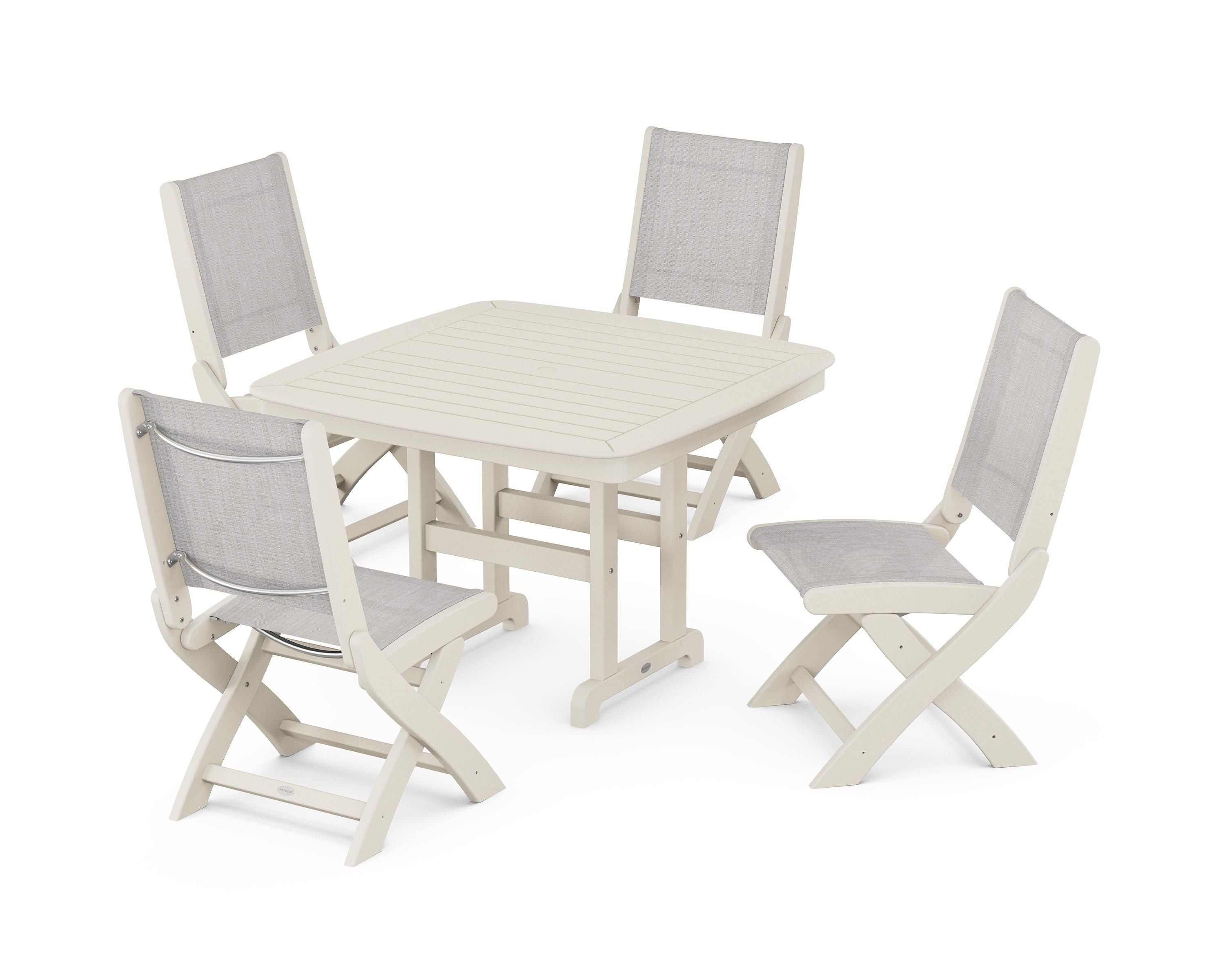 POLYWOOD® Coastal Folding Side Chair 5-Piece Dining Set in Sand / Parchment Sling