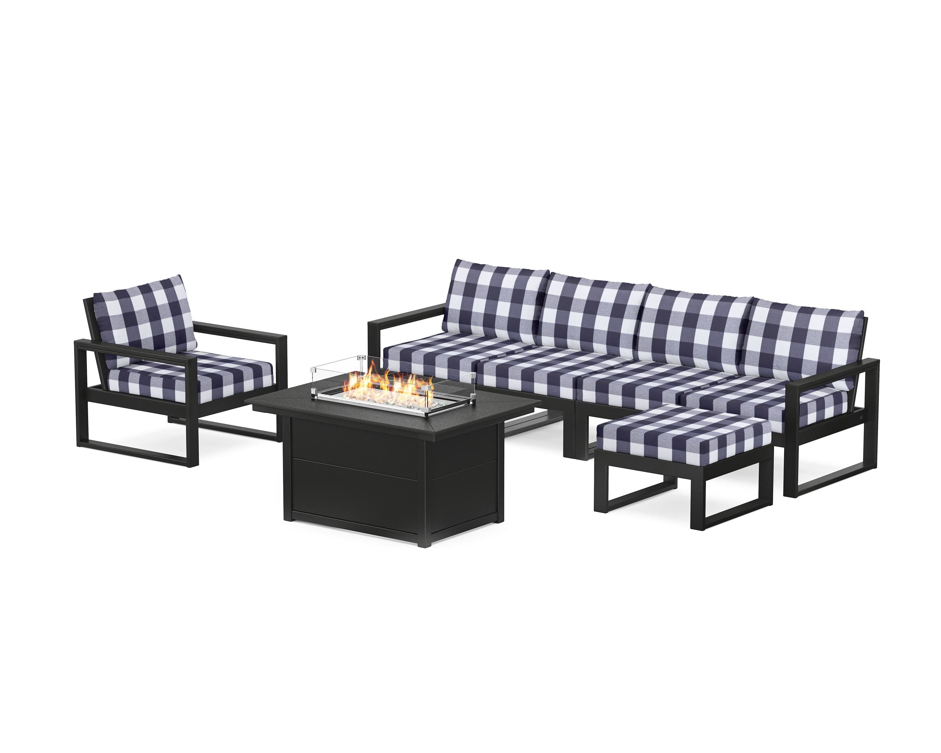 POLYWOOD® EDGE Sectional Lounge and Fire Pit Set in Black / Buffalo Plaid Navy