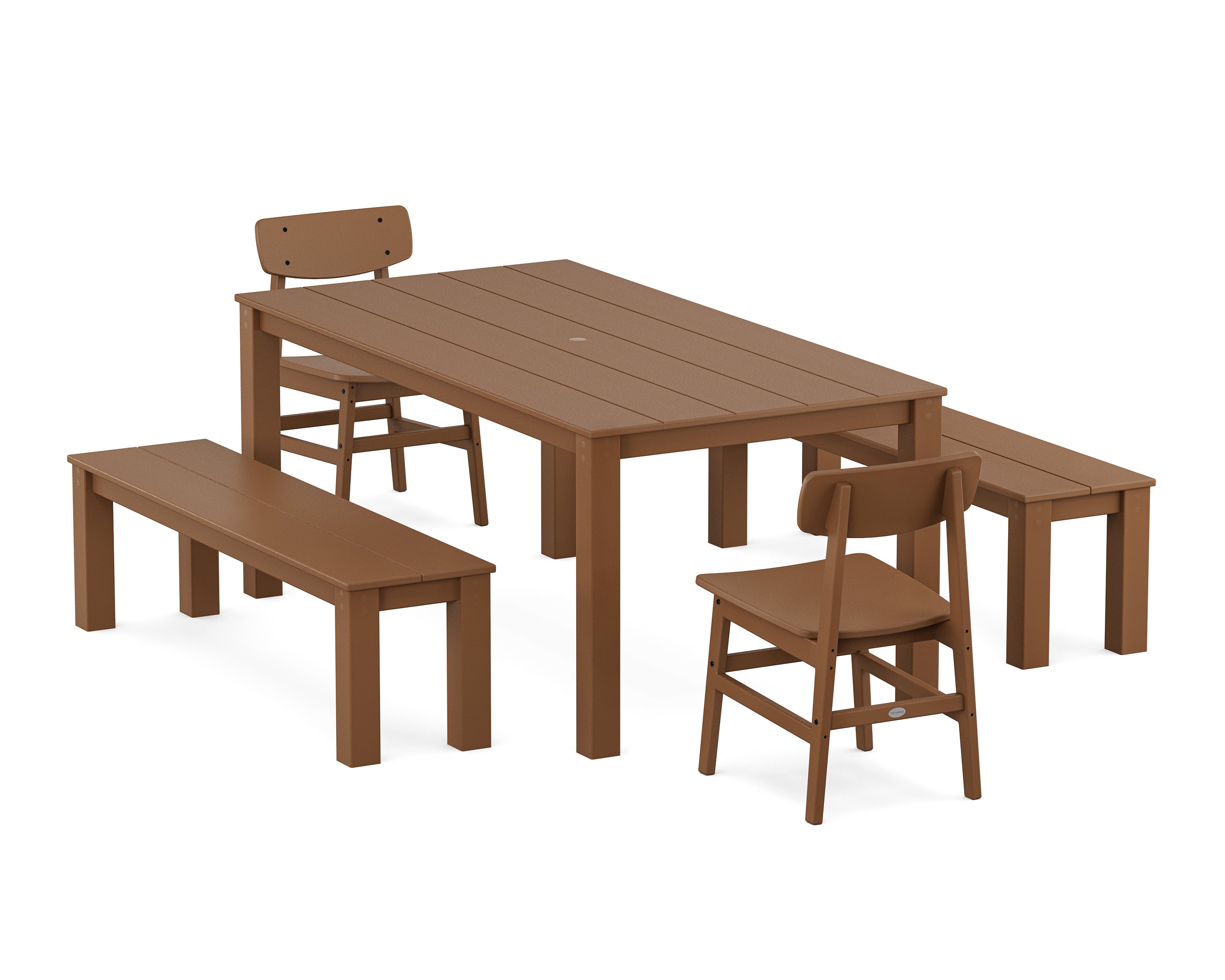 POLYWOOD® Modern Studio Urban Chair 5-Piece Parsons Dining Set with Benches in Teak