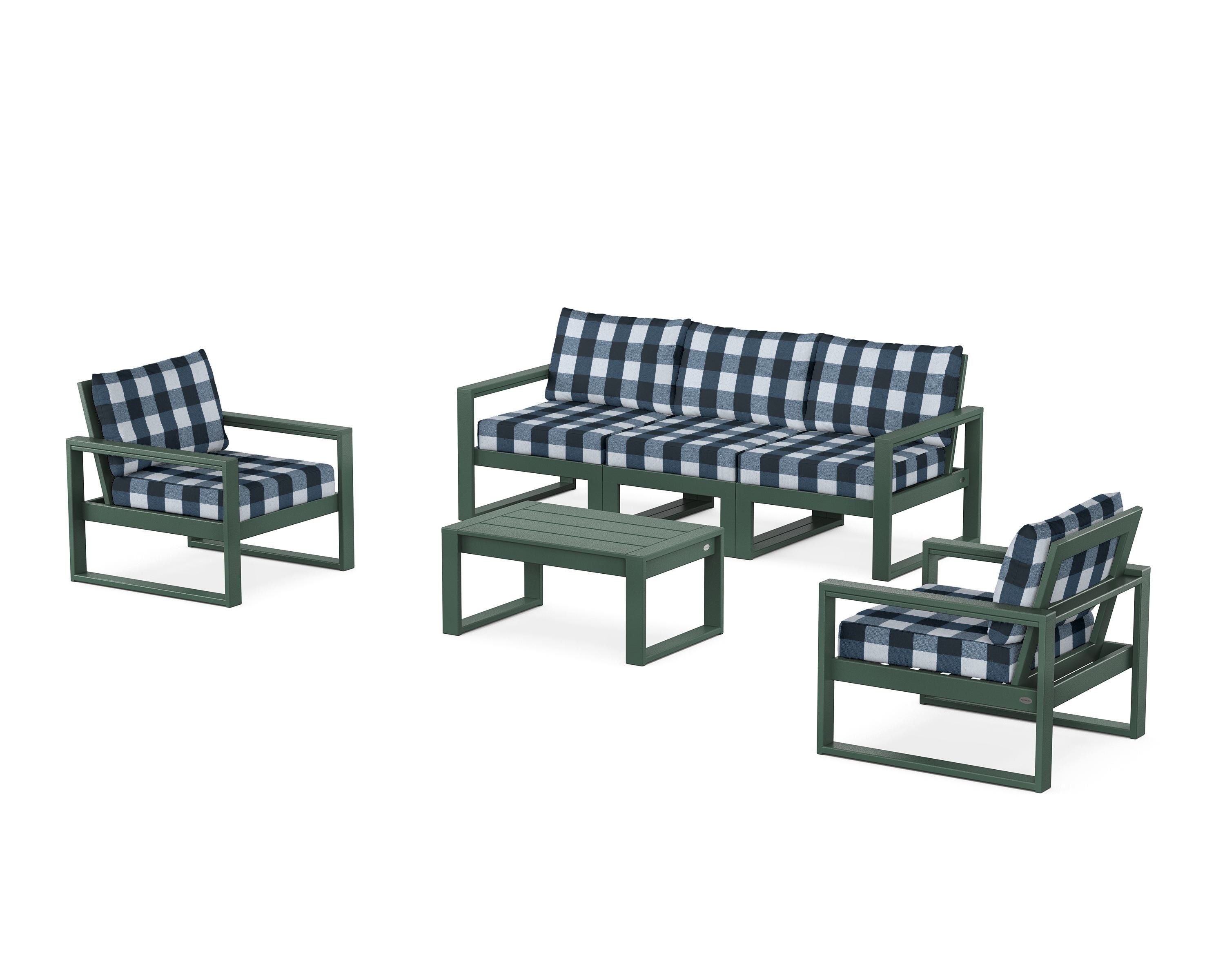 POLYWOOD® EDGE Sectional 4-Piece Deep Seating Set with Sofa in Green / Buffalo Plaid Marine Indigo