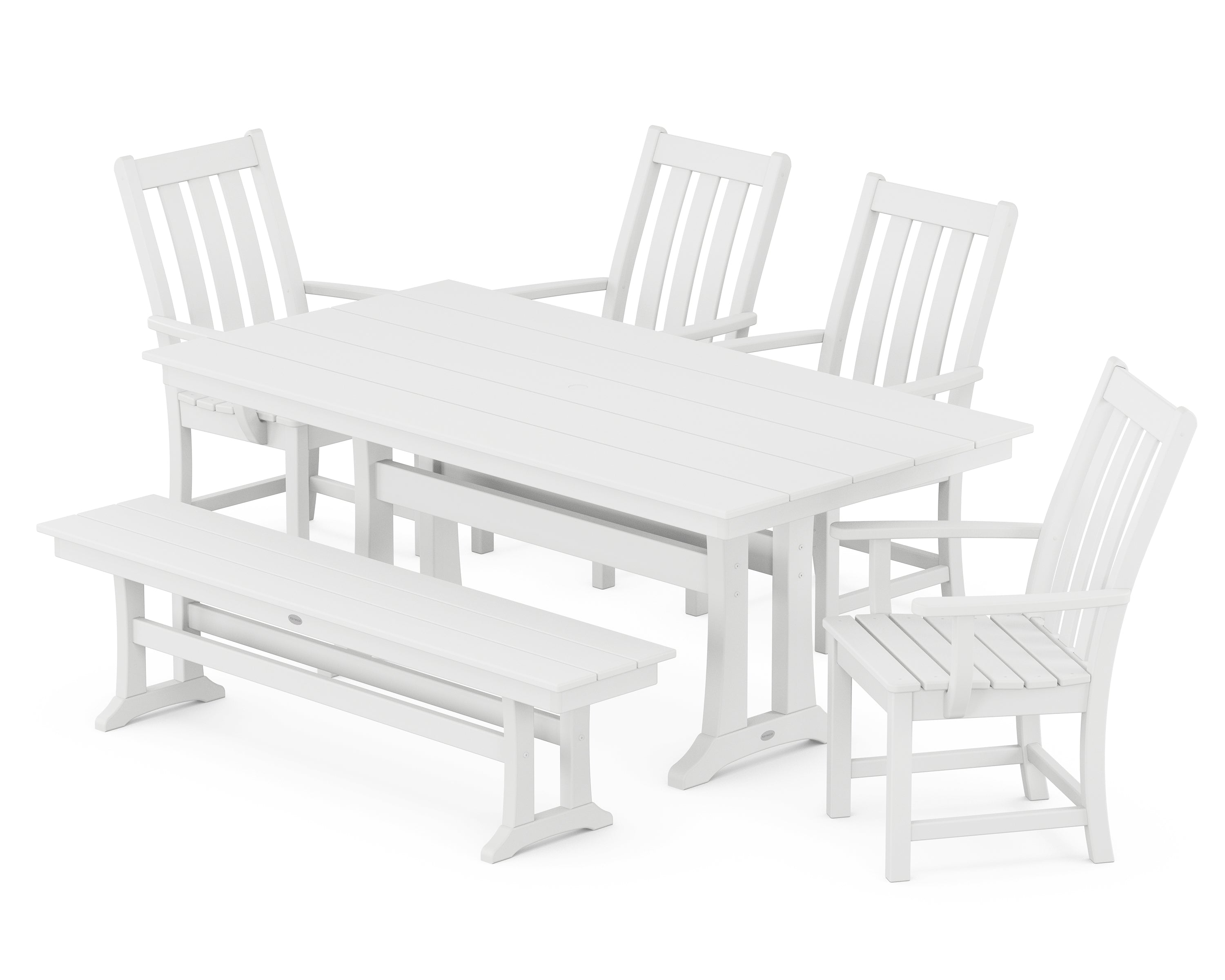 POLYWOOD® Vineyard 6-Piece Arm Chair Farmhouse Dining Set with Trestle Legs and Bench in White