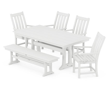 POLYWOOD® Vineyard 6-Piece Arm Chair Farmhouse Dining Set with Trestle Legs and Bench in White